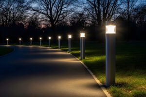 LED pathway lighting installed along a residential walkway